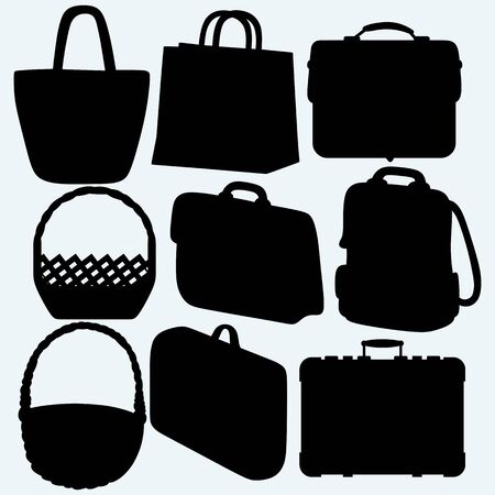Different types of bags and baskets. Isolated on blue background. Vector silhouettesのイラスト素材