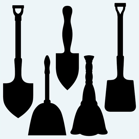 Shovels, broom and dustpan. Isolated on blue background. Vector silhouettesのイラスト素材