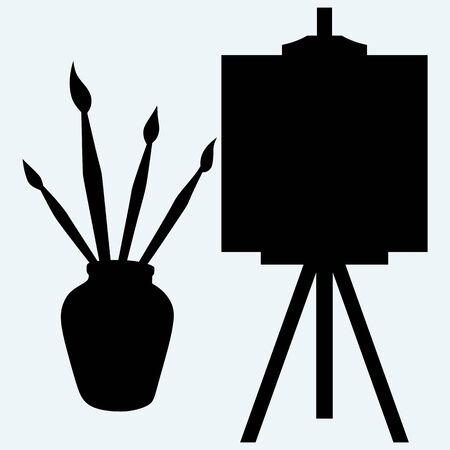Brushes in vase and easel with empty canvas. Isolated on blue background. Vector silhouettesのイラスト素材