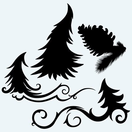 Set christmas trees and pine cone. Isolated on blue background. Vector silhouettesのイラスト素材