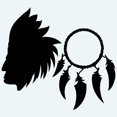 Portrait of american indian and dream catcher. Isolated on blue background. Vector silhouettesのイラスト素材
