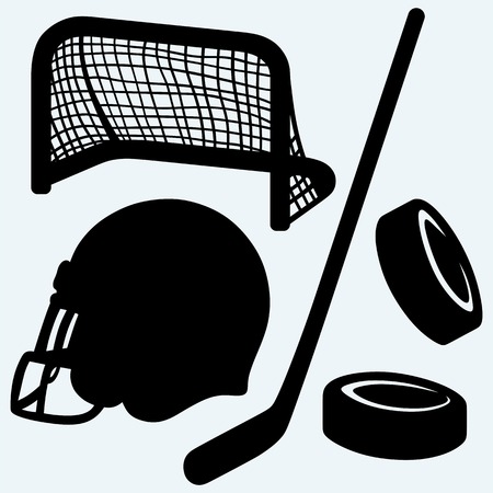 Hockey icon. stick, puck, hockey gates and helmet. Isolated on blue background. Vector silhouettesのイラスト素材