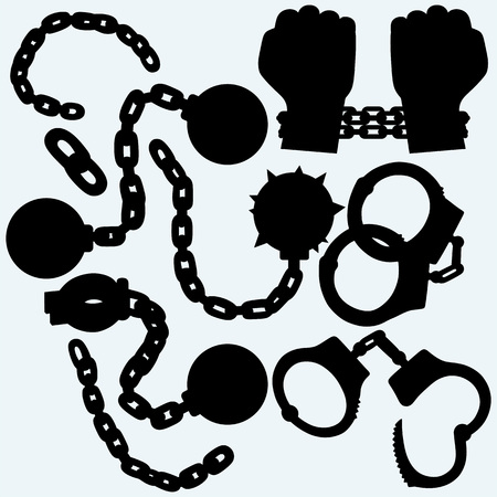 Hands chained in a chain, metal shackles and handcuffs. Isolated on blue background. のイラスト素材