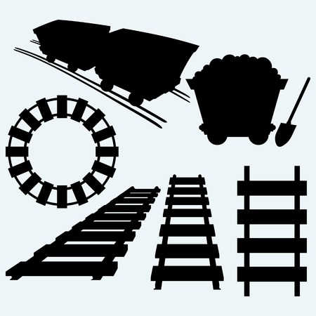 Elements of the railway. Set railroad and mining cart. Isolated on blue background.のイラスト素材