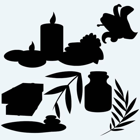 Pieces of natural soap with flower, basalt stones, candles and fragrance oil. Isolated on blue background. のイラスト素材