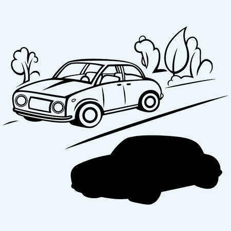 Car goes on the road in the woods. Isolated on blue background. Vector silhouettesのイラスト素材