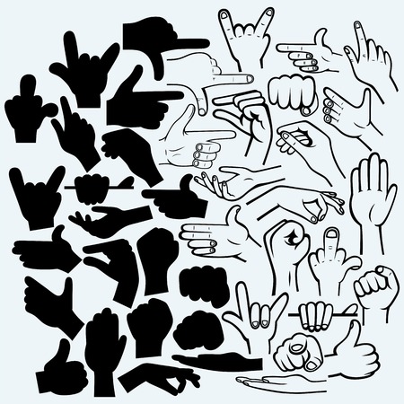 Set of many hand in a different phases. Vector silhouettesのイラスト素材