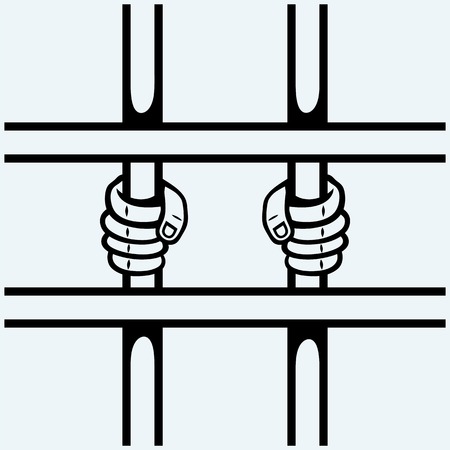 Hands of the prisoner on lattice. Isolated on blue background. Vector silhouettesのイラスト素材