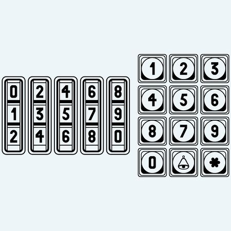 Numerical code lock, button. Isolated on blue background. Vector silhouettesのイラスト素材