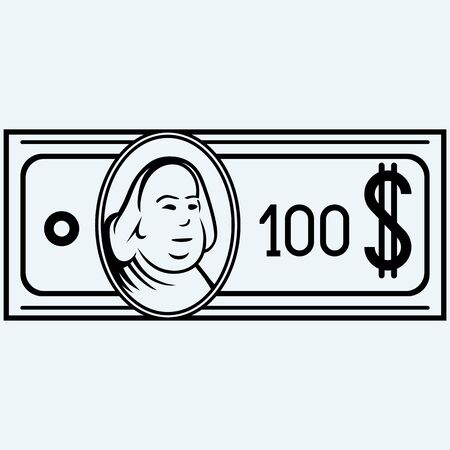 Hundred dollar bill. Isolated on blue background. Vector silhouettesのイラスト素材