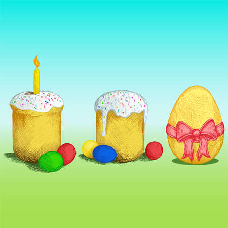 Easter bread and eggs. Colorful image. Doodle styleのイラスト素材