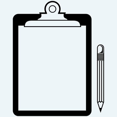 Quality Check. Clipboard blank sheet of paper and pencil. Isolated on blue background. Vector silhouettesのイラスト素材