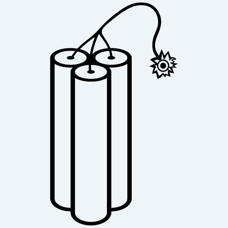 Dynamite with burning wick. Isolated on blue background. Vector silhouettes