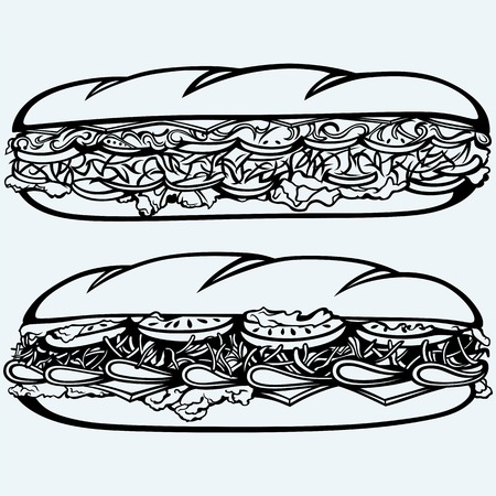 Sub Sandwich with sausage, cheese, lettuce and tomato. Isolated on blue background. Vector silhouettesのイラスト素材