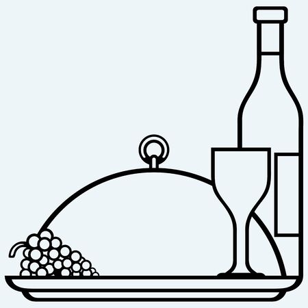 Grapes, bottles and glasses of wine on round tray. Isolated on blue background. Vector silhouettesのイラスト素材