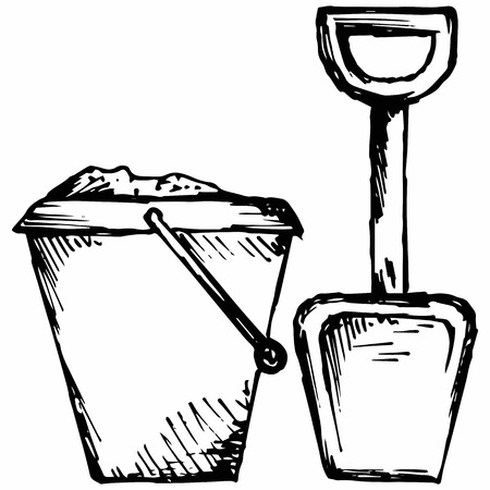 Bucket and spade with sand, kid toys tools symbol. Isolated on white background.のイラスト素材