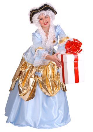 Woman in ancient dress of marquise with gift box decoration red bow.の写真素材