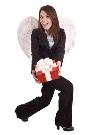 Business woman  angel with christmas red box. Isolated.の写真素材