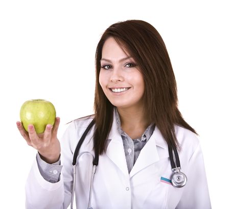 Portrait of doctor with stethoscope and apple. Isolated.の写真素材