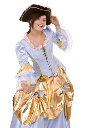 Girl in blue dress with gold and black hat. Isolated.の写真素材