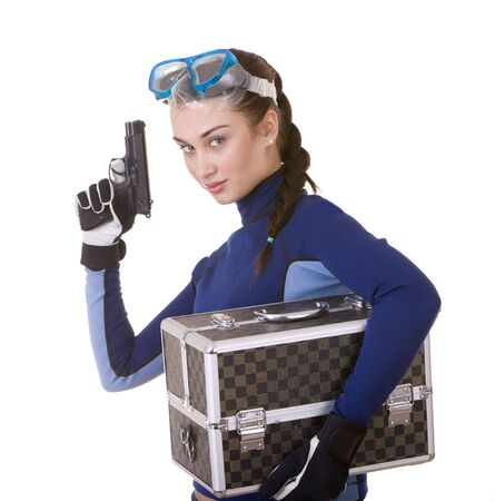 Beautiful young girl in goggles with box. Isolated.の写真素材