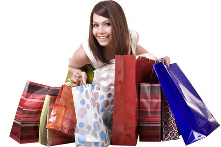 Shopping girl with group bag. Isolated.の写真素材