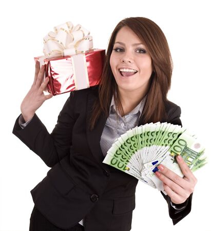 Business woman with money euro,red christmas box. Isolated.の写真素材
