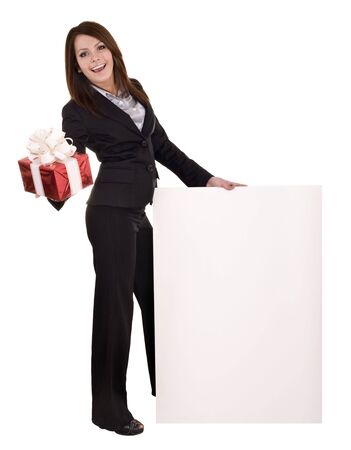 Business woman with gift box, banner.Isolated.の写真素材