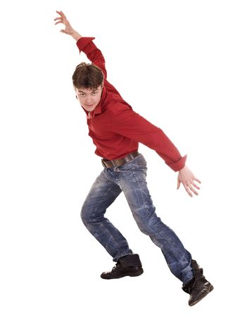 Man in blue jeans dance. Isolated.の写真素材