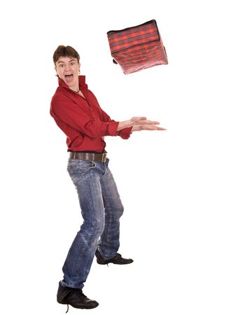 Happy man with travel suitcase . Isolated.  の写真素材