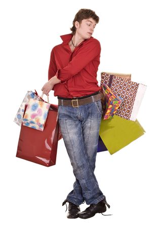 Cheerful funny happy shopping man. Isolated.の写真素材