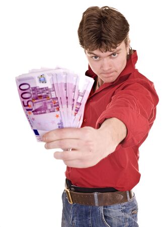 Clever strong man with money. Isolated.の写真素材