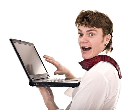  Businessman with laptop in office. Isolated.の写真素材