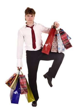 Businessman with bag shopping. Isolated.の写真素材