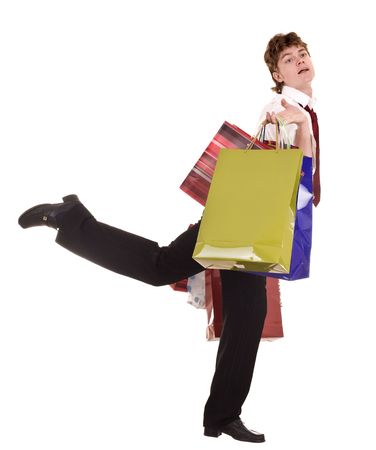 Business man with shopping bag run. Isolated.の写真素材
