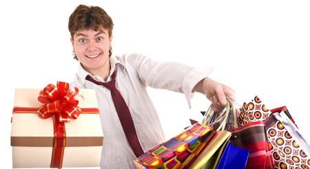 Happy man with gift box. Shopping. Isolated.の写真素材