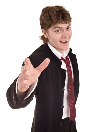 Businessman with greeting outstretched hand. Isolated.の写真素材