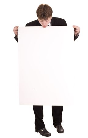 Businessman with white banner look. Isolated.の写真素材