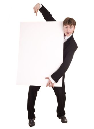 Businessman with white banner look. Isolated.の写真素材
