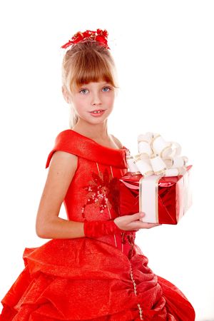 Girl child  in red dress with gift box. Isolated.の写真素材