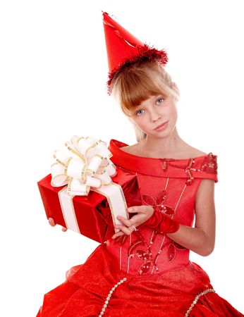 Birthday child girl  in red dress with gift box. Isolated.の写真素材