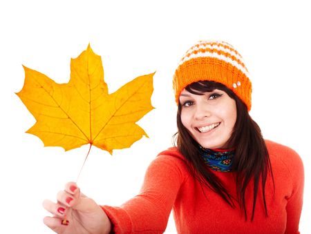 Girl in autumn orange maple leaf. Fall discount. Autumn sale.の写真素材