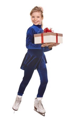 Child girl sport figure skating in white skate with gift box.  Isolated.の写真素材