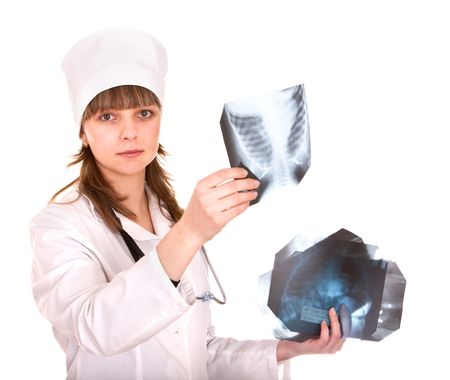 Doctor with stethoscope and x-ray picture. Isolated.の写真素材