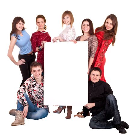 Group of people take banner. Isolated.の写真素材