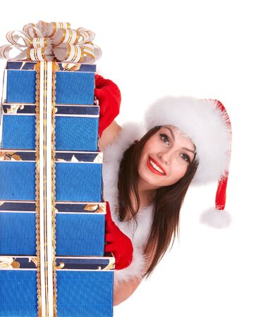  Christmas girl in santa hat with blue gift box group. Isolated.の写真素材