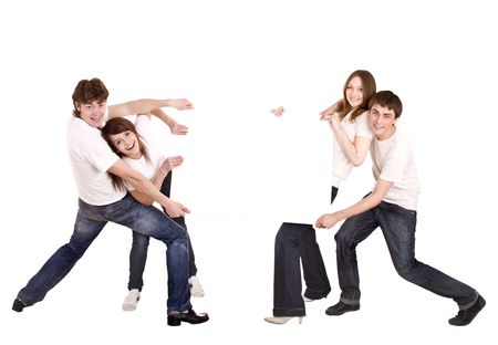 Happy family with banner. Isolated.の写真素材