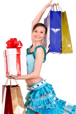 Girl with gift box and bow. Isolated.の写真素材