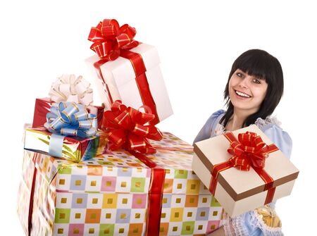  Beautiful girl with group of gift box. Isolated.の写真素材