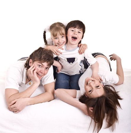 Happy family mother, father, daughter and son. Isolated.の写真素材